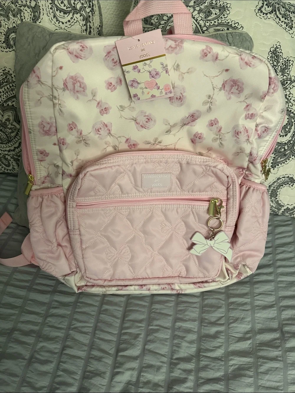 LoveShackFancy Pink Floral Quilted Backpack with Bow Charm